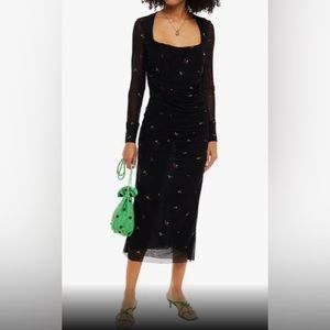 GANNI ruched floral-print mesh midi dress
